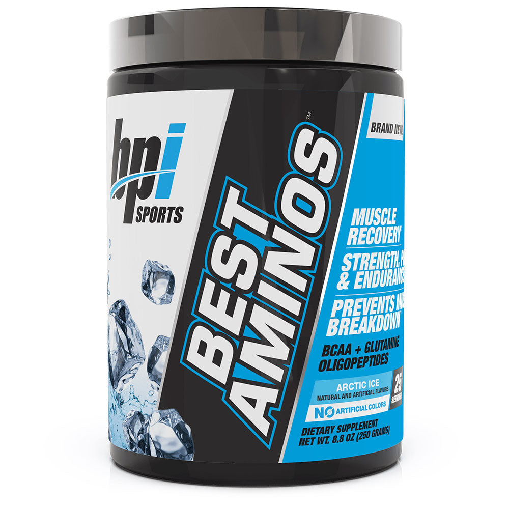 Best Aminos Container. Arctic Ice flavor. net weight 8.8 ounces / 250 gams. muscle recovery. strength power and endurance. prevents muscle breakdown. BCAA & Glutamine